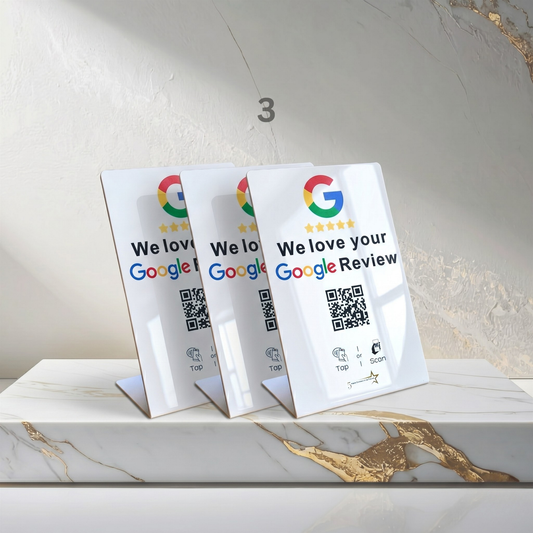 White NFC Google review stand — 3-card pack for collecting reviews