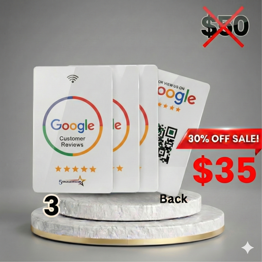 Customer tapping phone on NFC Google review card to leave 5-star review