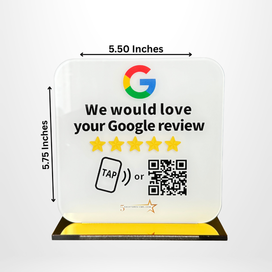 NFC Google review stand size dimensions — white 6.5in and gold 5.5in