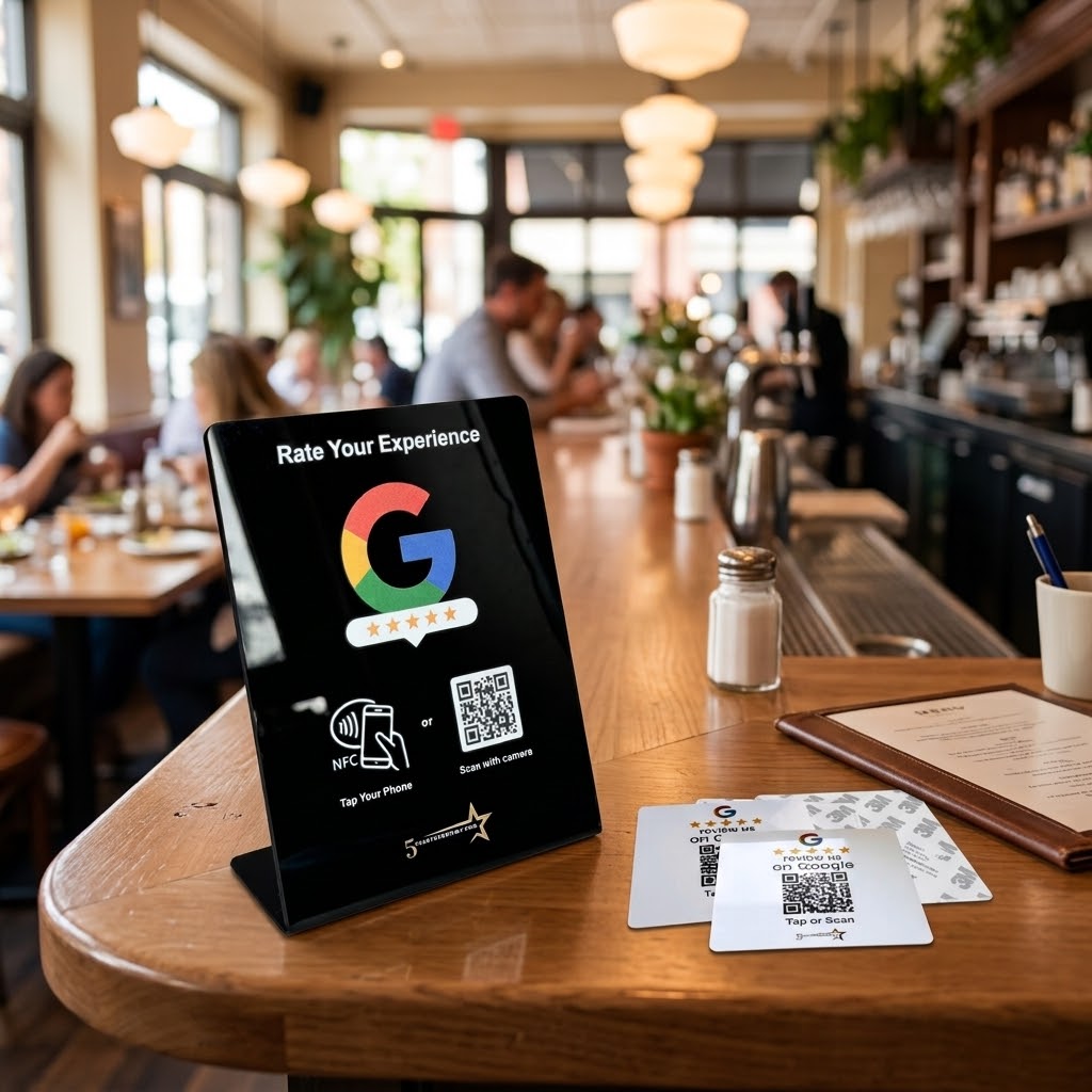 NFC Tap Google Review Stand Medium and 3 Adhesive Cards - Get More Google Reviews